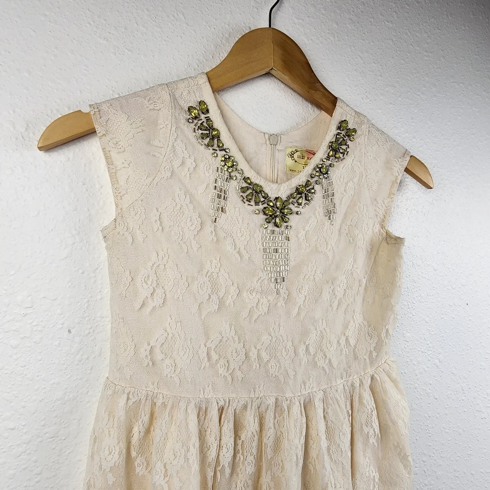 Mia Joy Girls Ivory Lace Dress Beaded Necklace Detail Size 10 Elegant Jeweled
